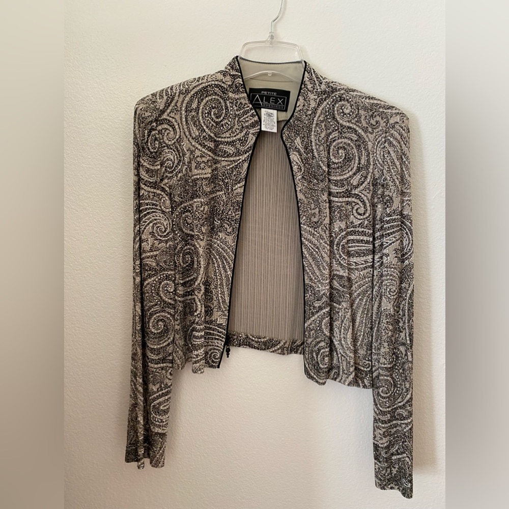 Alex Evenings tan/black paisley sparkly cropped jacket.